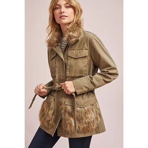 Anthropologie Womens Tan Faux Fur Trimmed Belted Utility Jacket Size XS
